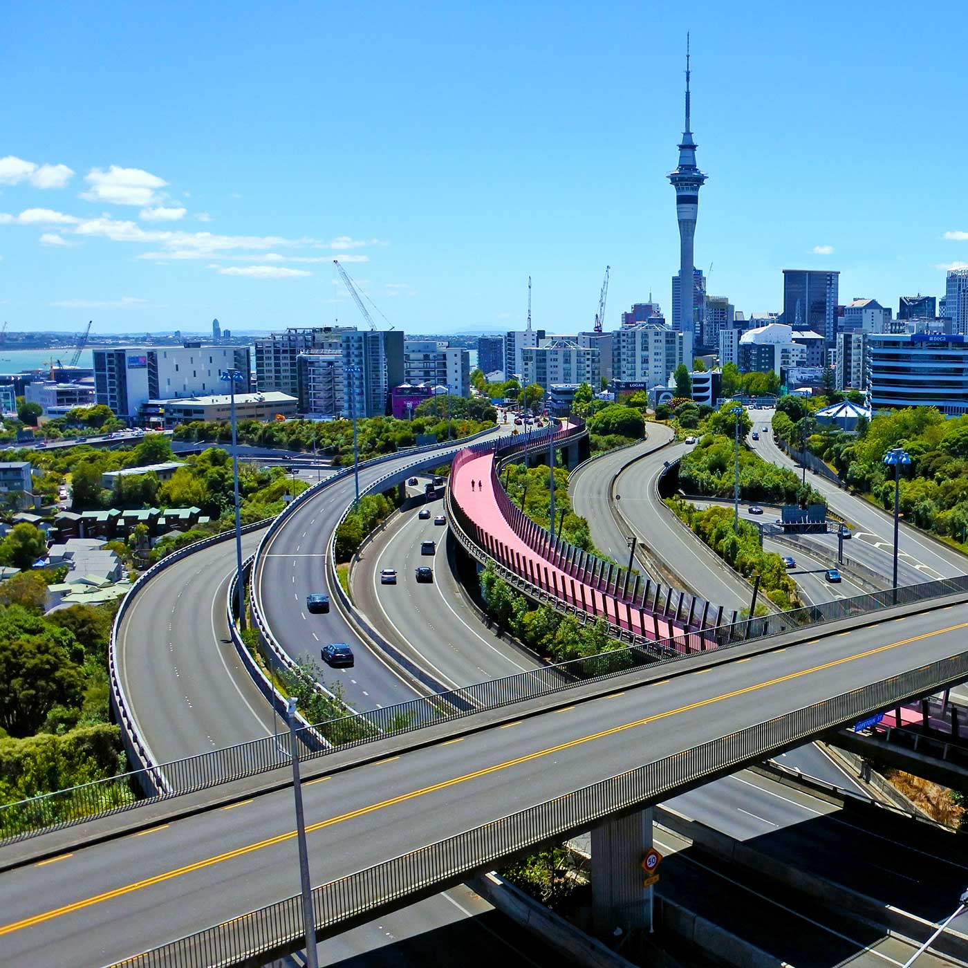 An urban aerial landscape view of traffic on Auckland city motorway. An urban aerial landscape view of traffic on Auckland city motorway.