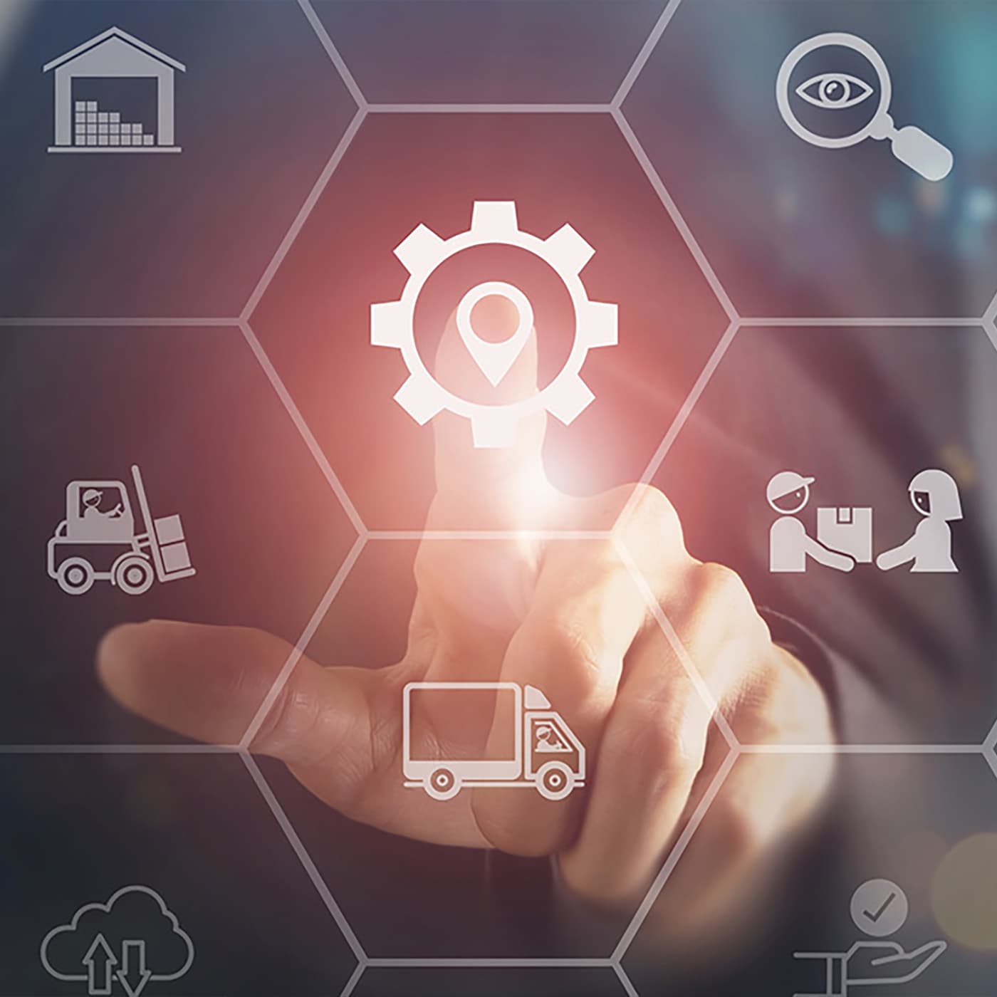 Close up of a hand touching a virtual screen that shows various methods of optimising a fleet of vehicles. Close up of a hand touching a virtual screen that shows various methods of optimising a fleet of vehicles.